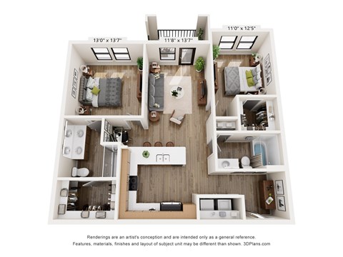Floor plan for 2 beds, 2 baths, 1091 sqft